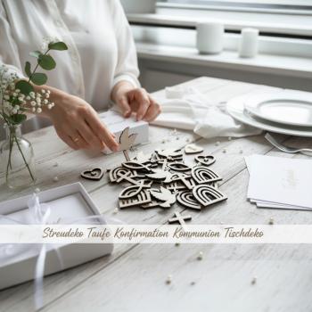 25‑teiliges Holz‑Streudeko‑Set für Taufe, Kommunion, Konfirmation und Firmung.